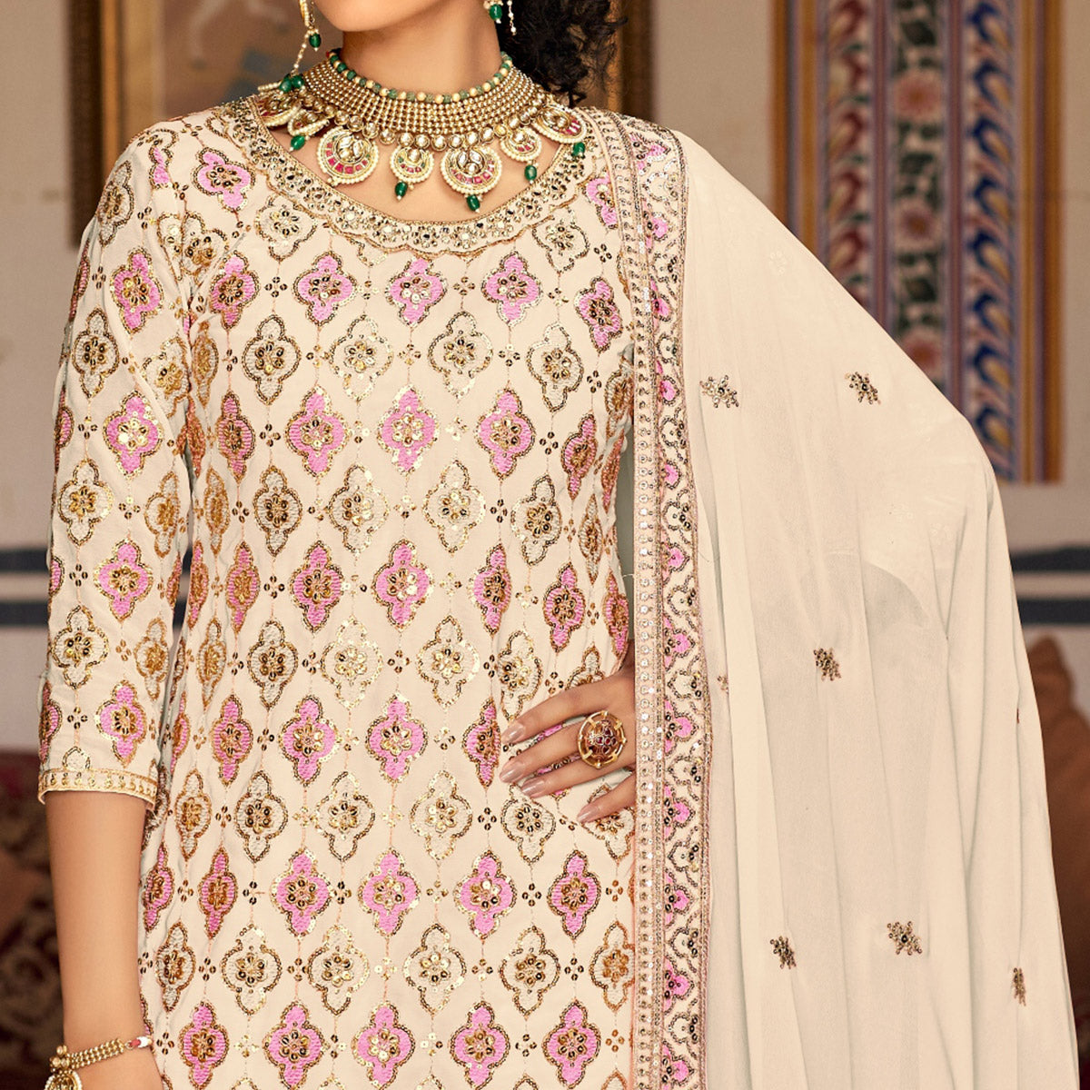 Cream Sequins Embroidered Georgette Semi Stitched Suit
