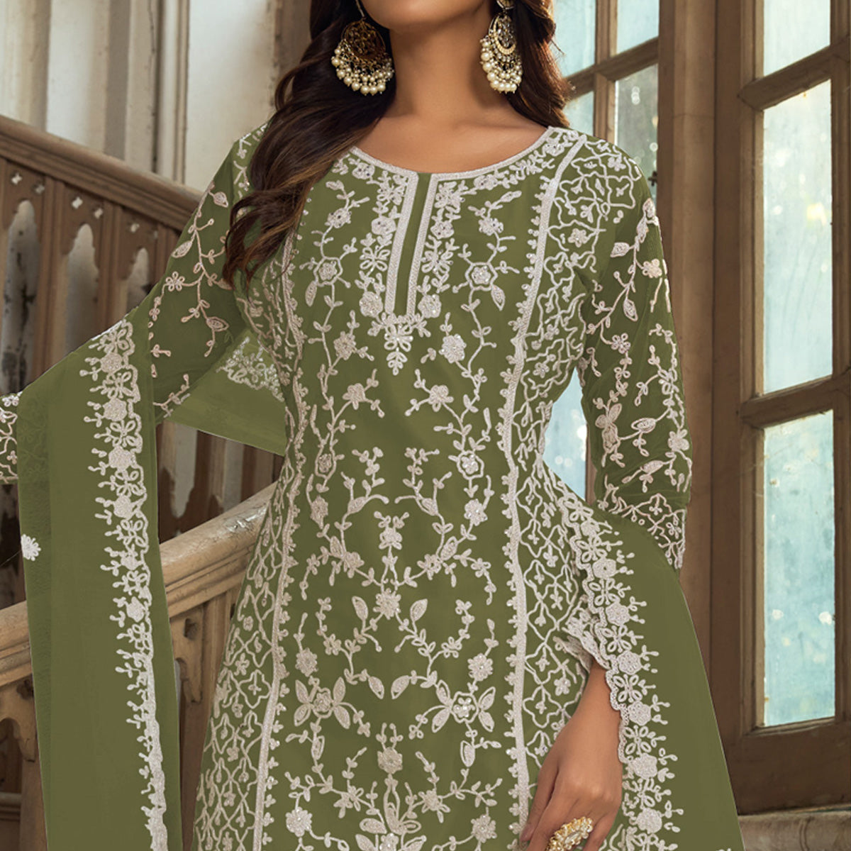 green-floral-embroidered-net-semi-stitched-suit-2