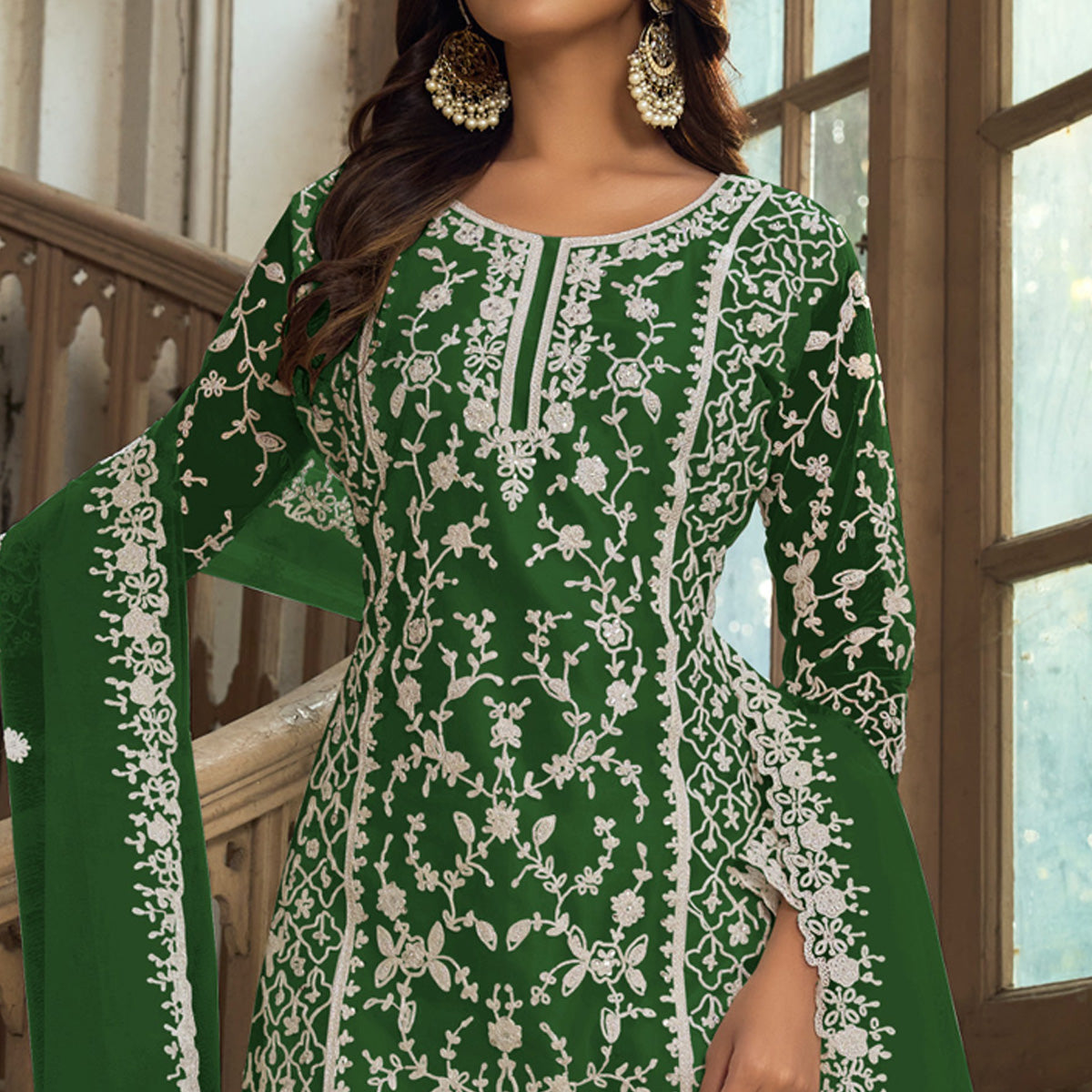 green-floral-embroidered-net-semi-stitched-suit-3