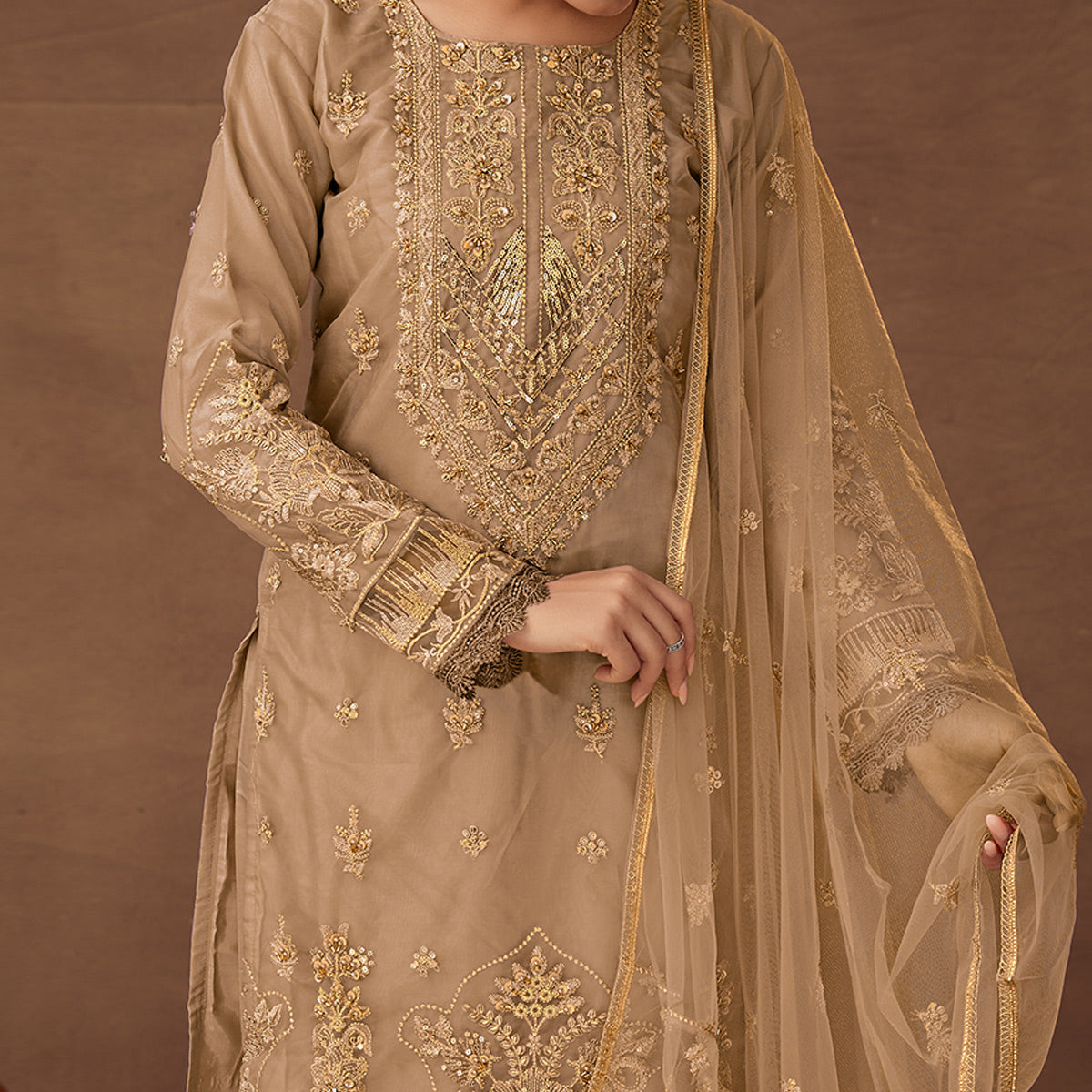 Chikoo Floral Embroidered Organza Semi Stitched Pakistani Suit