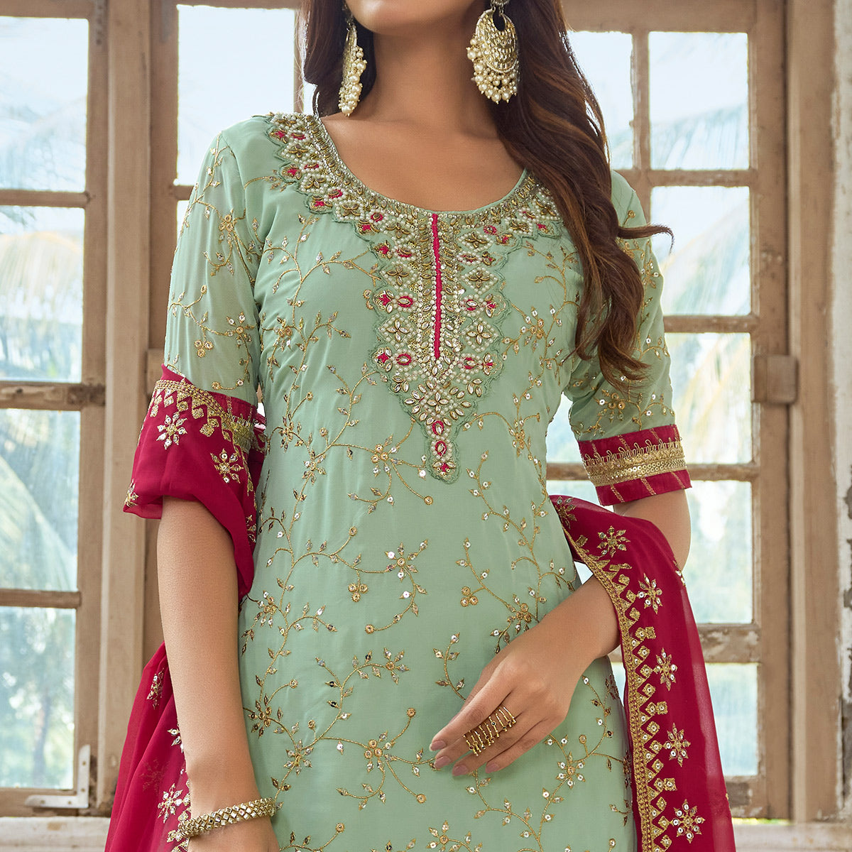 green-floral-embroidered-georgette-semi-stitched-suit-3
