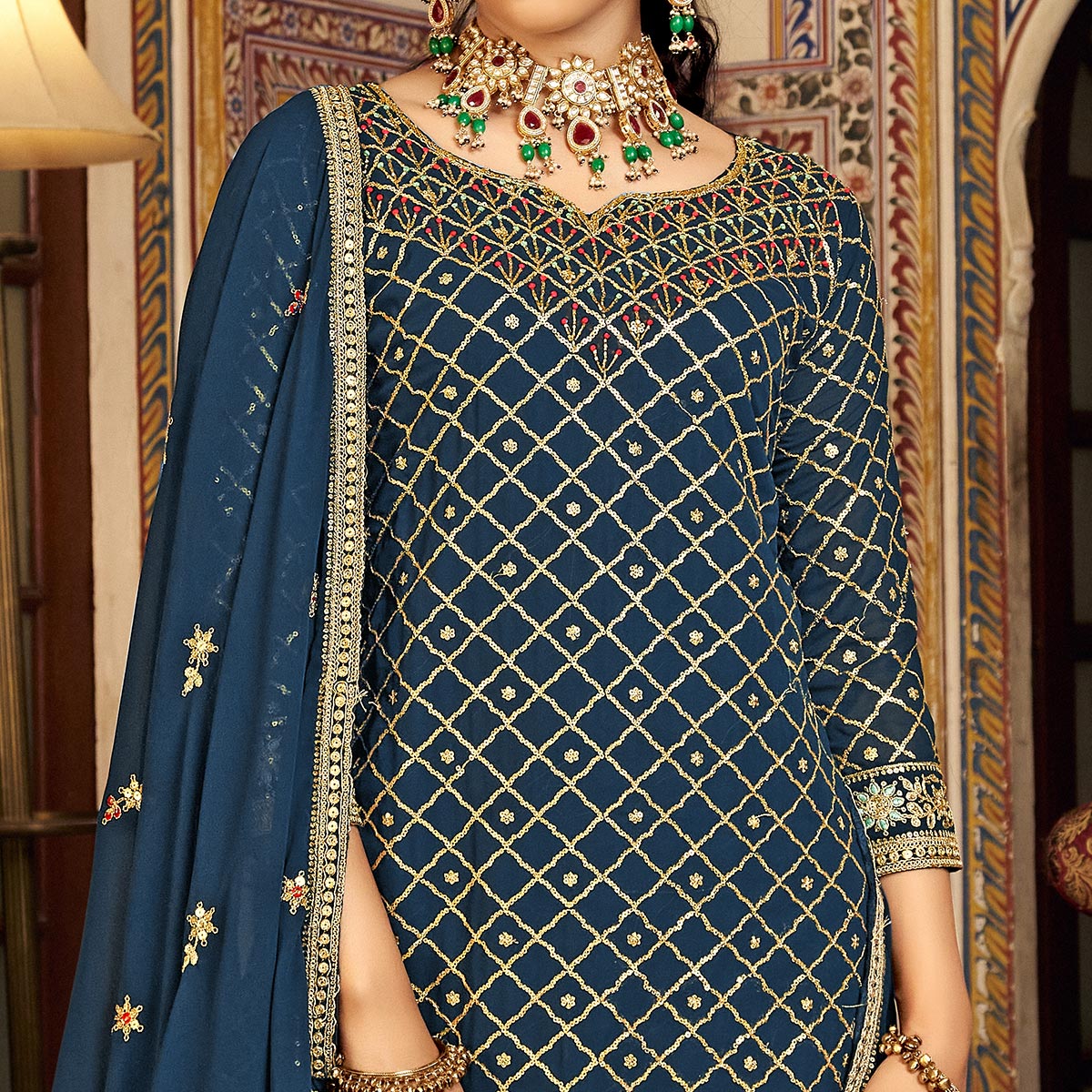 Morpich Sequins Embroidered Chinon Semi Stitched Suit