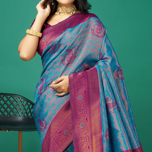 Blue Zari Woven Banarasi Silk Saree With Tassels