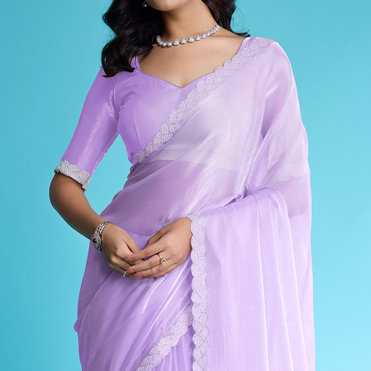 Lavender Solid With Zarkan & Ceramic Pearl Diamond Lace Tissue Saree