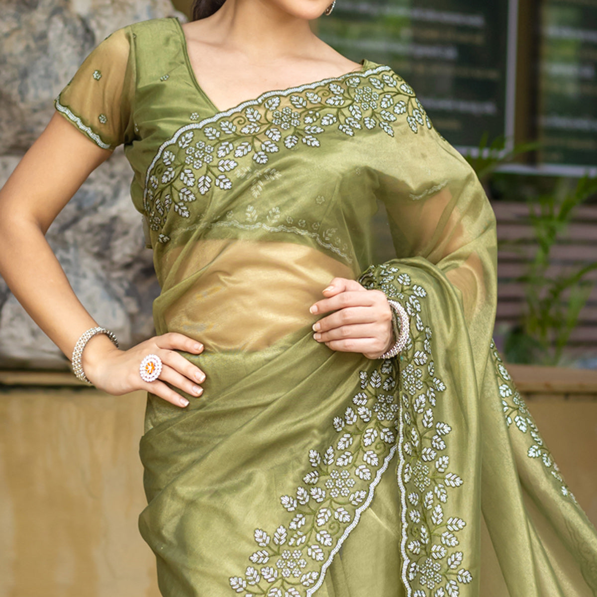 Mehendi Green Floral Sequins Embroidered Twill Net Saree