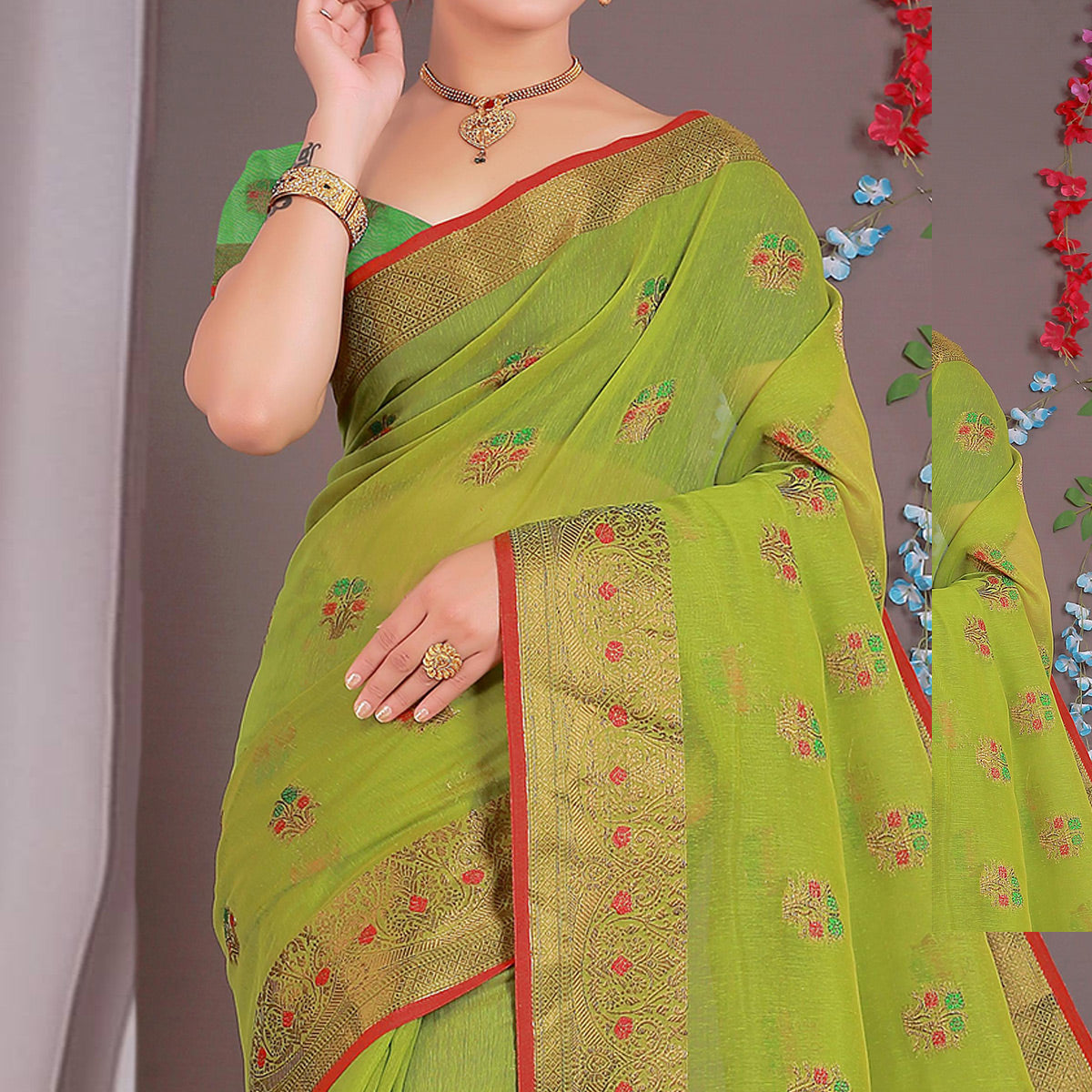 orange-floral-woven-cotton-silk-saree-with-tassels-6