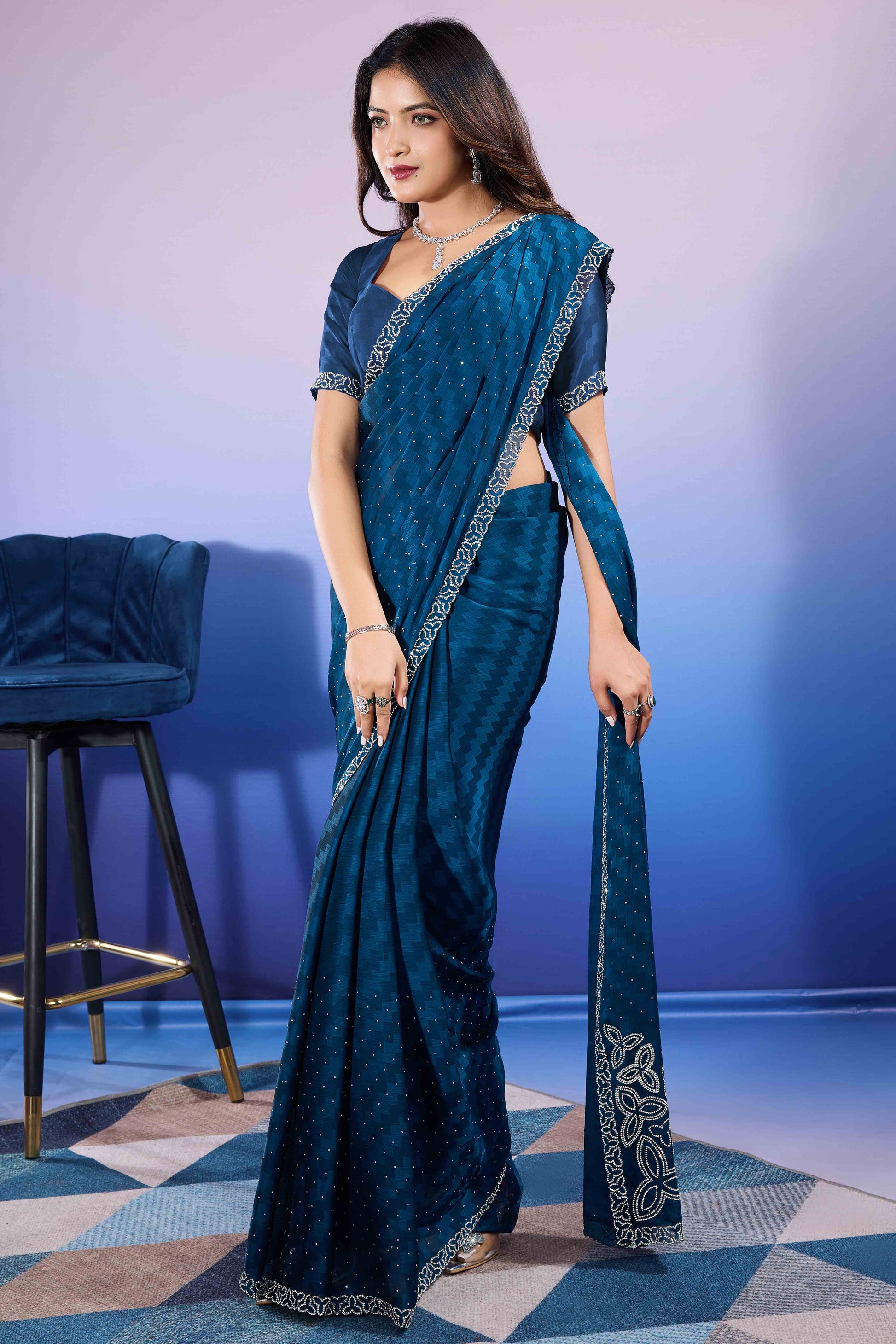 Morpich Diamond Zarkan Handwork Satin Chiffon Saree