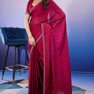 Cherry Red Diamond Zarkan Handwork Satin Chiffon Saree