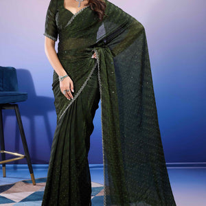 Bottle Green Diamond Zarkan Handwork Satin Chiffon Saree