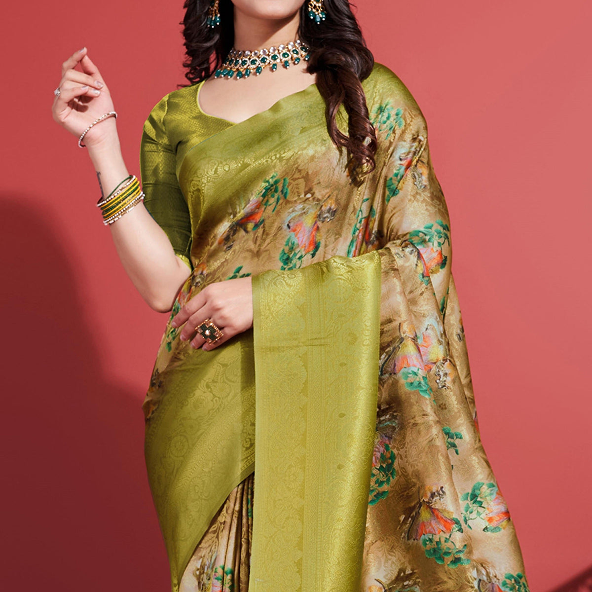 green-floral-digital-printed-banarasi-silk-saree-with-tassels