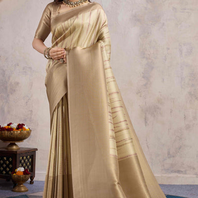 Chikoo Woven With Digital Printed Banarasi Silk Saree