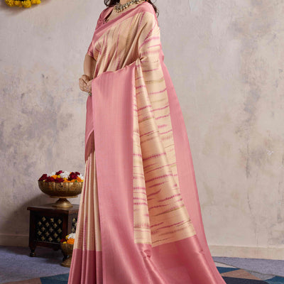 Gajari Pink Woven With Digital Printed Banarasi Silk Saree