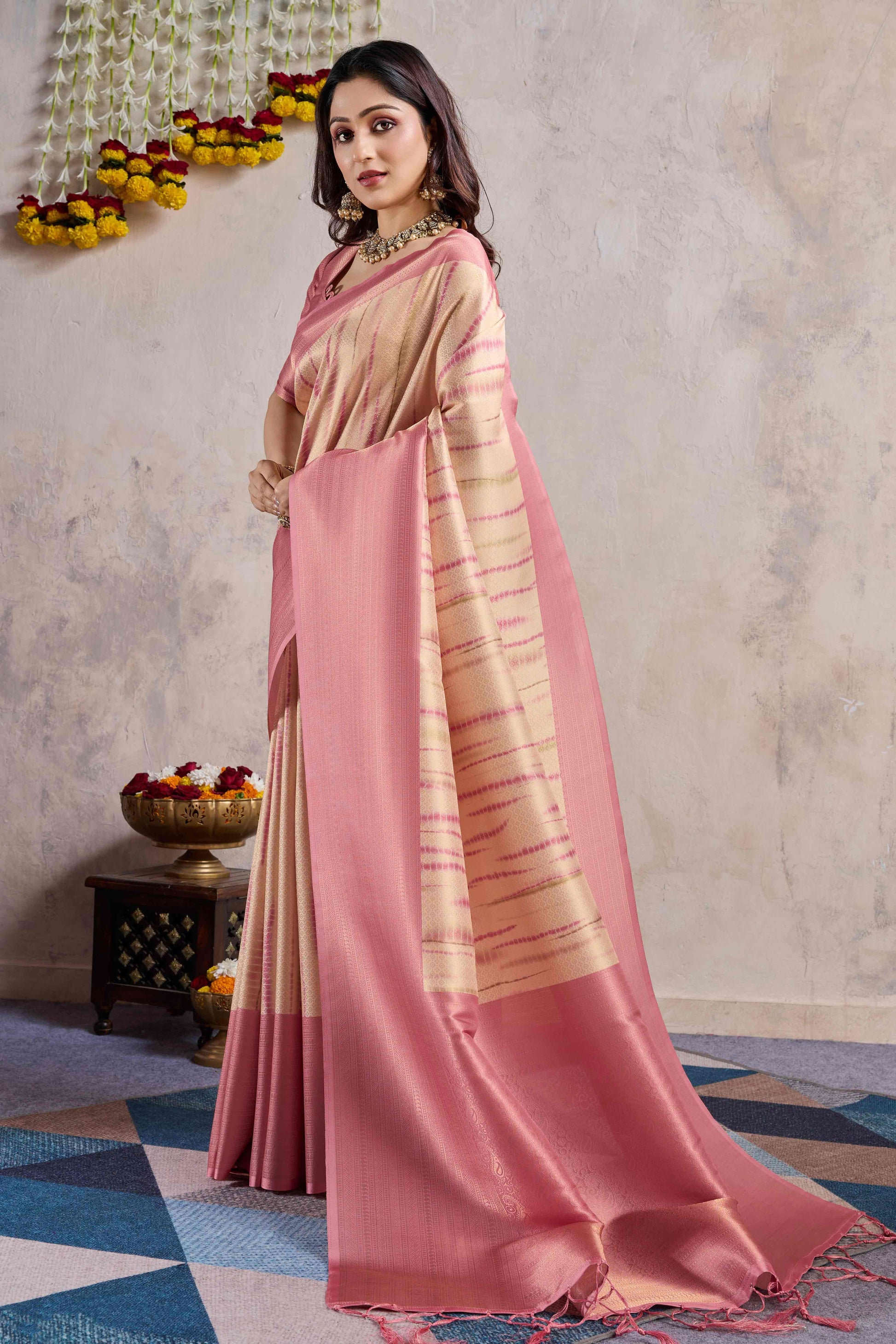 Gajari Pink Woven With Digital Printed Banarasi Silk Saree