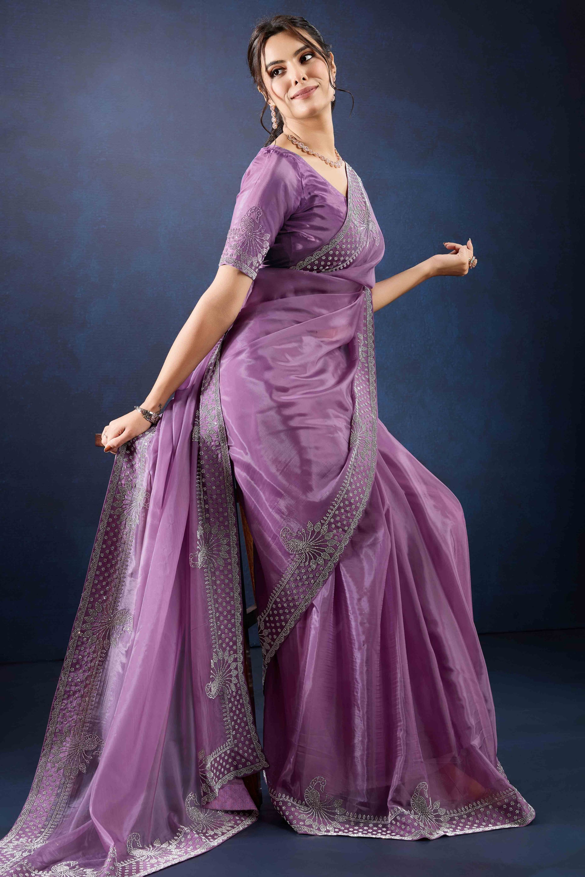 Lavender Zarkan Diamond Work Tissue Silk Saree