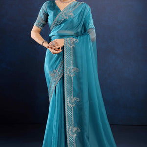 Blue Zarkan Diamond Work Tissue Silk Saree