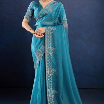 Blue Zarkan Diamond Work Tissue Silk Saree