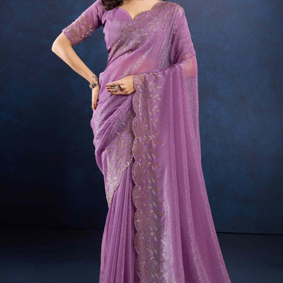 Lavender Floral Handwork Crush Silk Fancy Fabric Saree