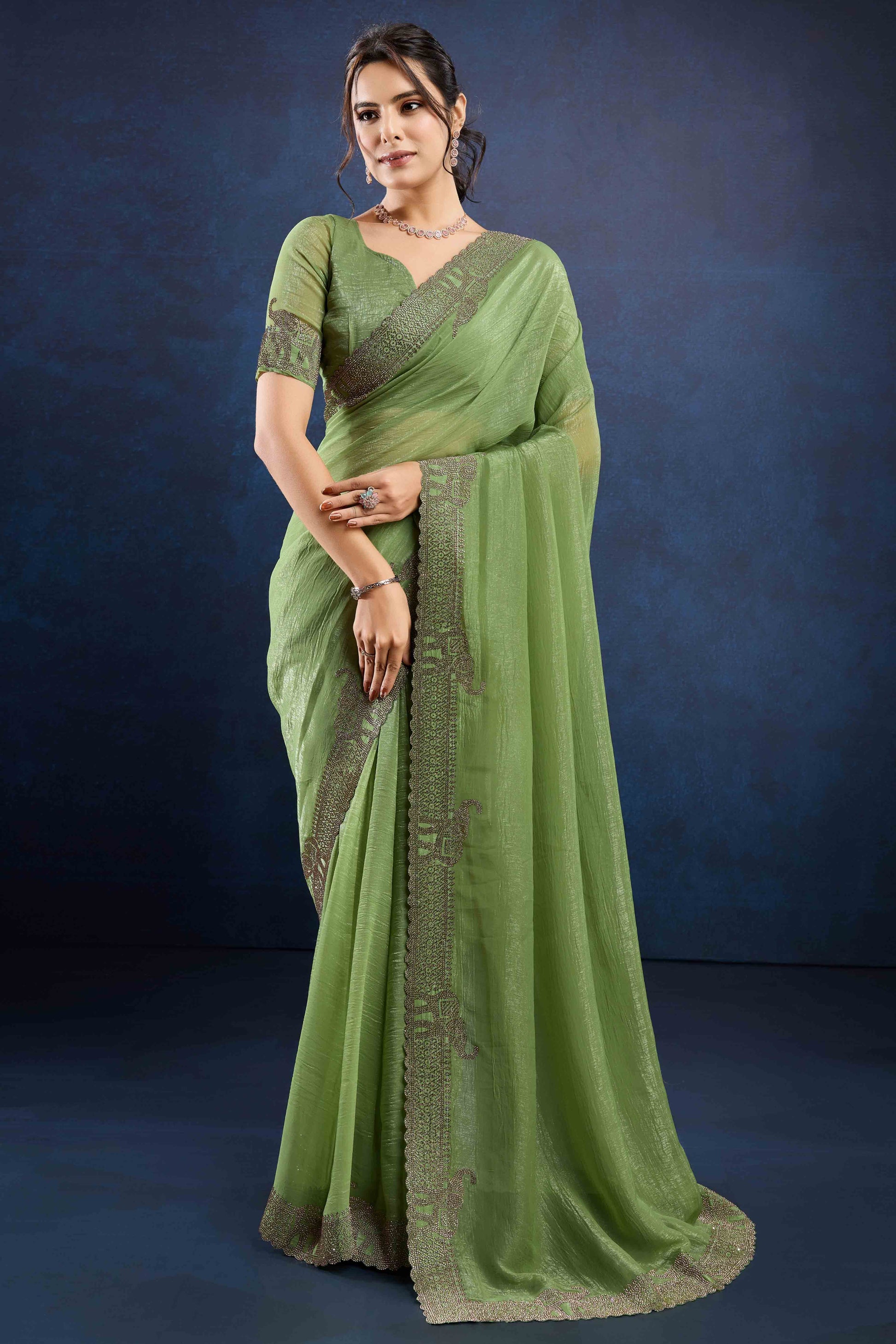 green-zarkan-diamond-work-crunchy-silk-fancy-fabric-saree