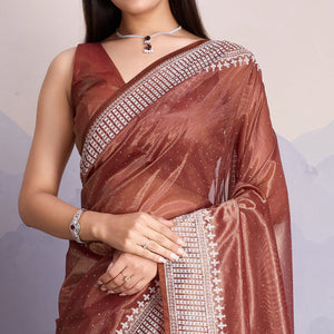 Brown Swarovski Work Embroidered Net Saree