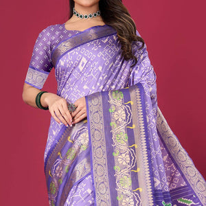 Lavender Digital Patola Printed With Woven Border Dola Silk Saree
