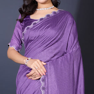 Lavender Pearl Work Embroidered Khaadi Saree
