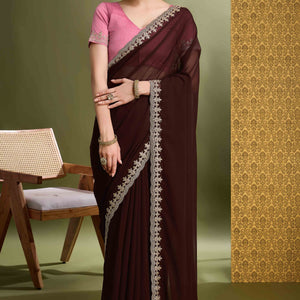Brown Solid With Zari Embroidered Georgette Saree