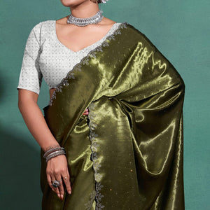 Mehandi Green Swarovski Work Embroidered Satin Saree