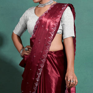 Maroon Swarovski Work Embroidered Satin Saree