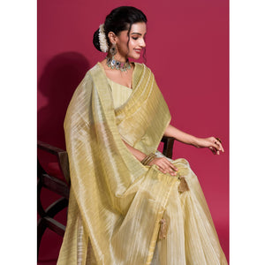 Light Yellow Woven Organza Zari Saree With Tassels