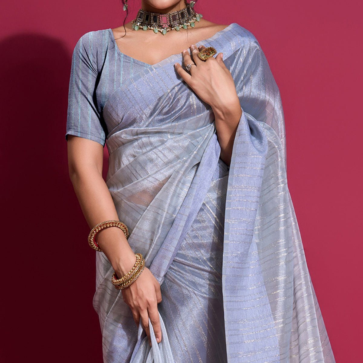 Blue Woven Organza Zari Saree With Tassels