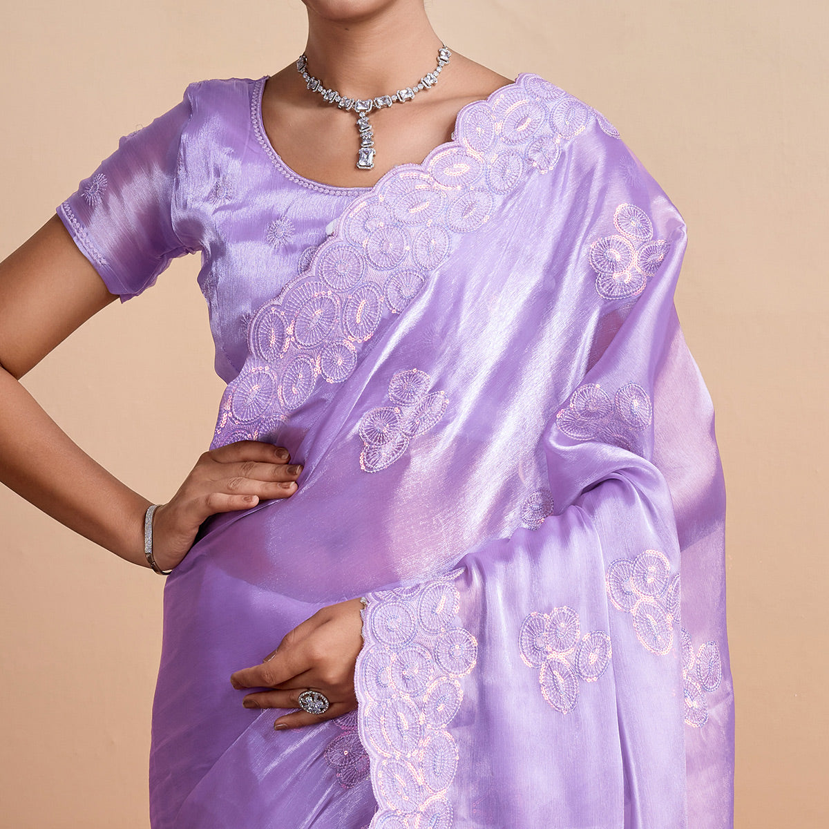 Lavender Sequins Embroidered Organza Saree