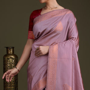 Dusty Pink Floral Woven Banarasi Silk Saree