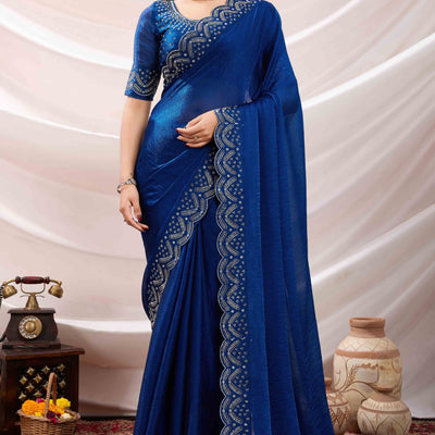 Blue Stone Work Embroidered Velvet Chiffon Saree
