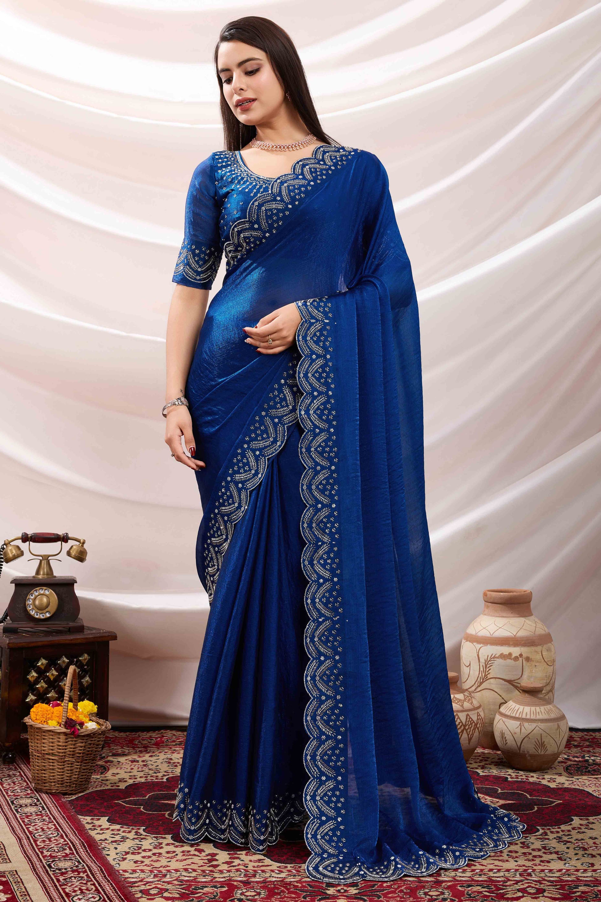 Blue Stone Work Embroidered Velvet Chiffon Saree
