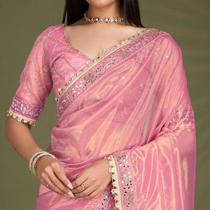Light Pink Sequins Embroidery With Mirror Handwork Twill Net Saree