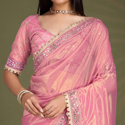 Light Pink Sequins Embroidery With Mirror Handwork Twill Net Saree