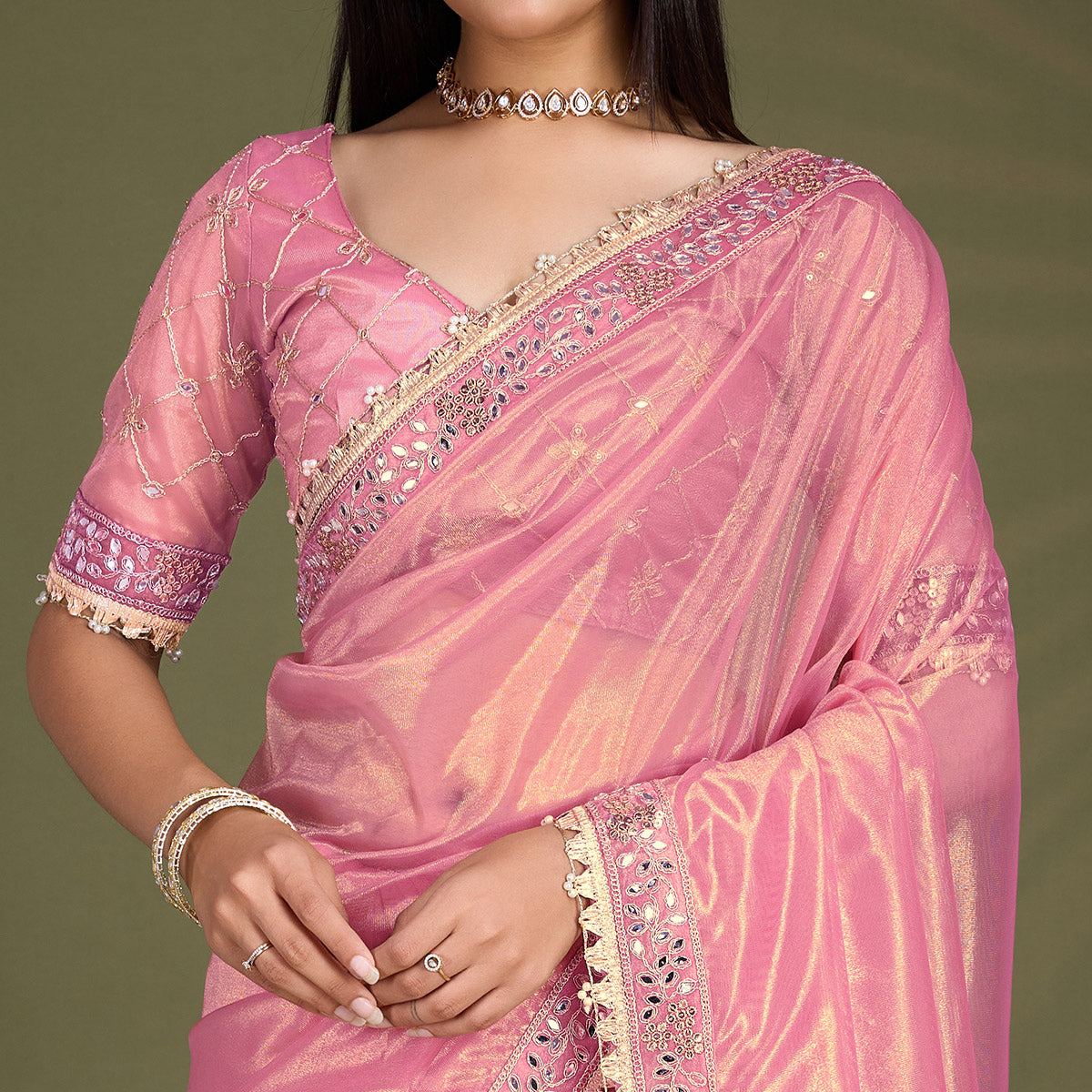 Light Pink Sequins Embroidery With Mirror Handwork Twill Net Saree