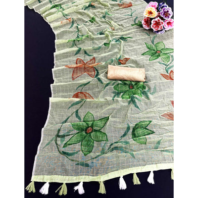 green-hand-printed-with-zari-woven-cotton-blend-saree