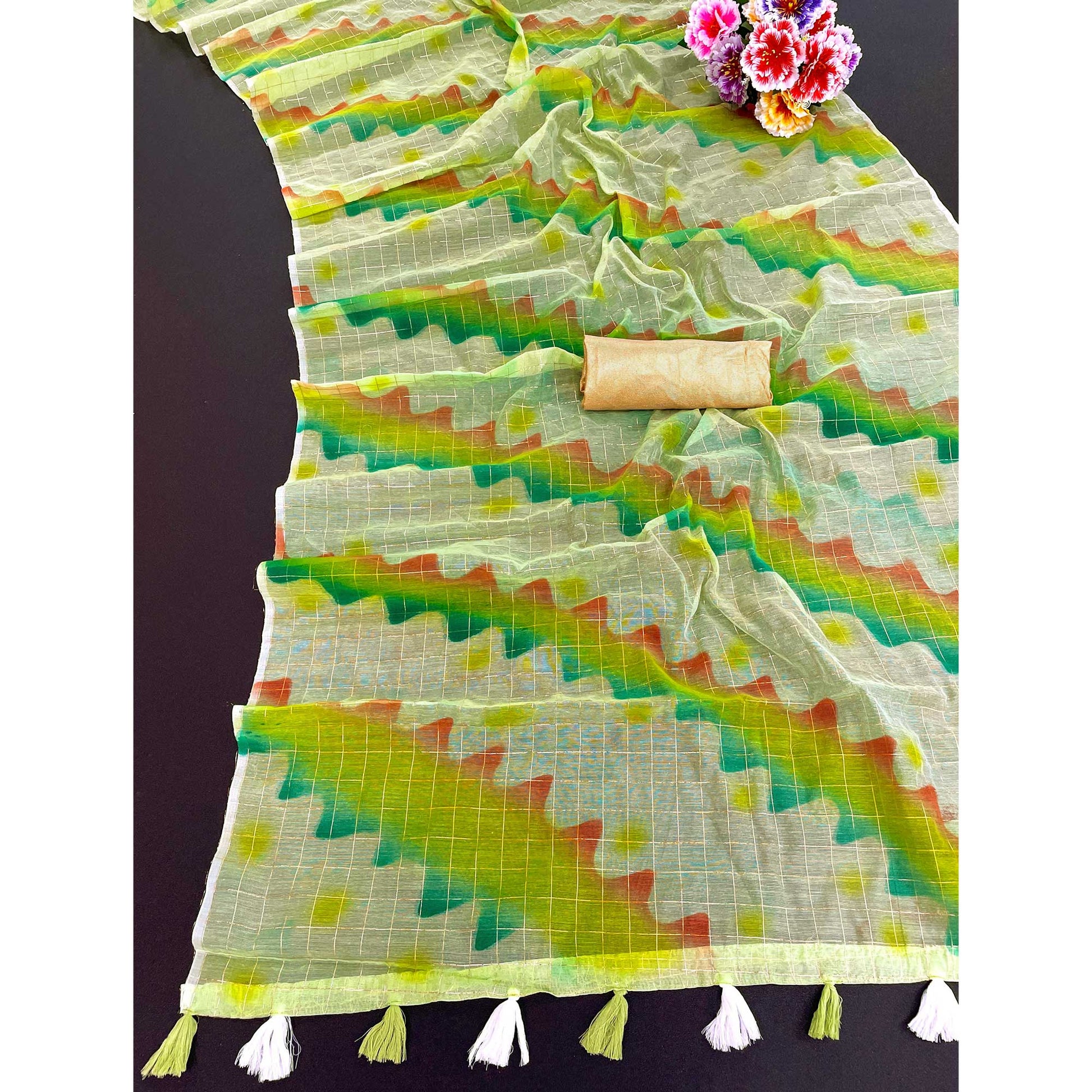 green-hand-printed-with-zari-woven-cotton-blend-saree-1