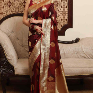 Maroon Floral Woven Lichi Banarasi Silk Saree