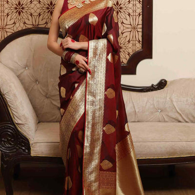 Maroon Floral Woven Lichi Banarasi Silk Saree