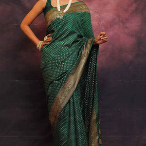 Bottle Green Floral Woven Lichi Banarasi Silk Saree