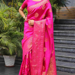Magenta Floral Woven Banarasi Silk Saree