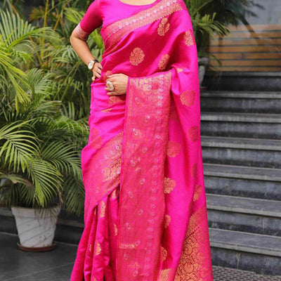 Magenta Floral Woven Banarasi Silk Saree