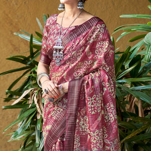 Maroon Abstract Digital Printed Linen Saree