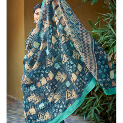 Cadet Blue Abstract Digital Printed Linen Saree