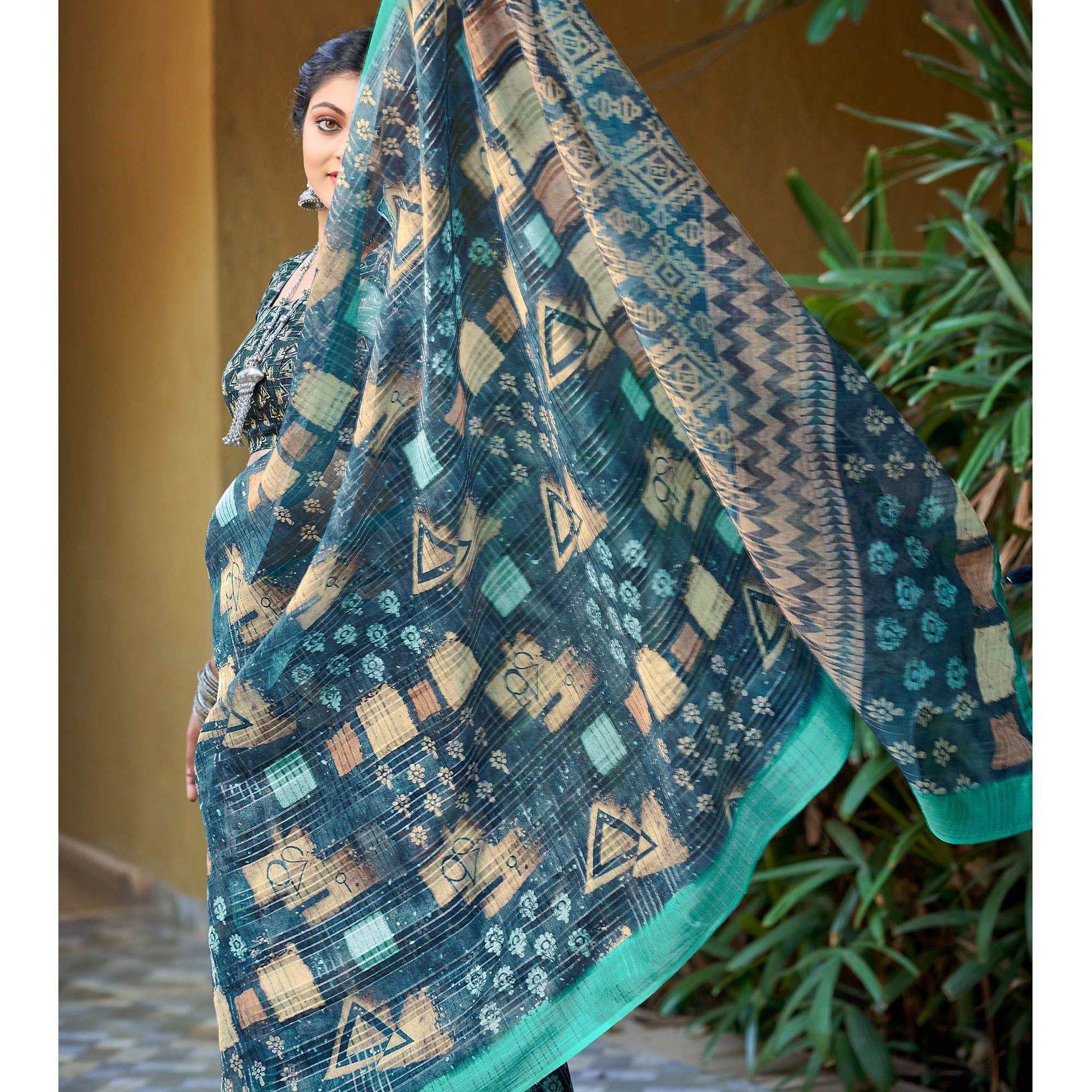 Cadet Blue Abstract Digital Printed Linen Saree