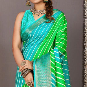 green-blue-printed-dola-silk-saree-with-zari-border