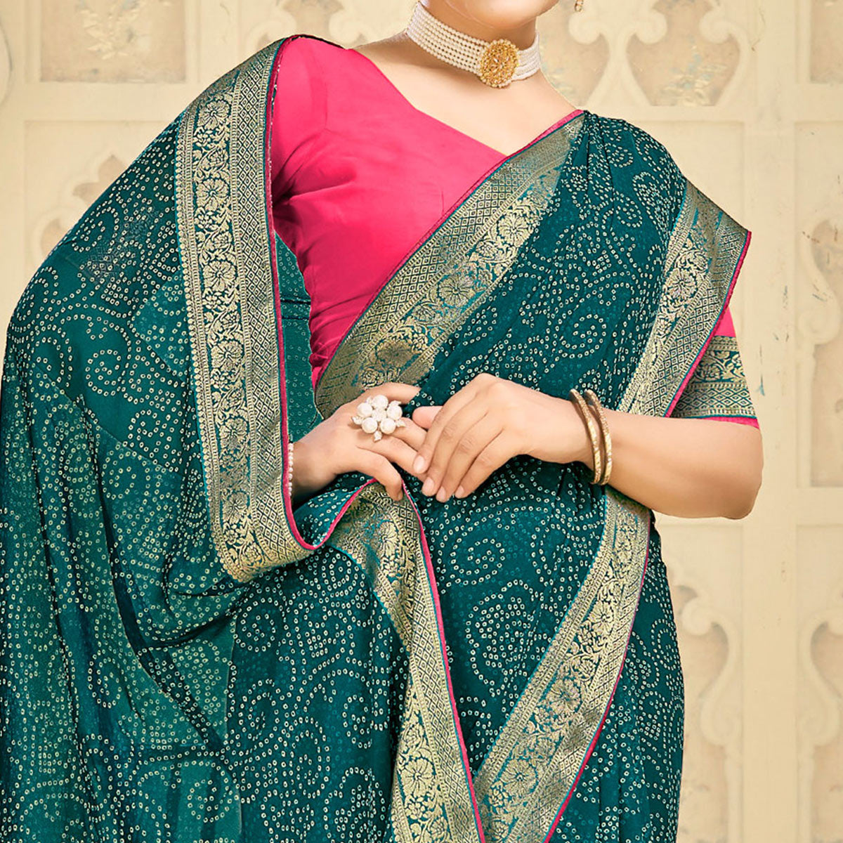 green-bandhani-printed-georgette-saree-2