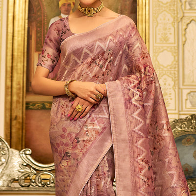 Mauve Floral Digital Printed Tissue Saree With Tassels